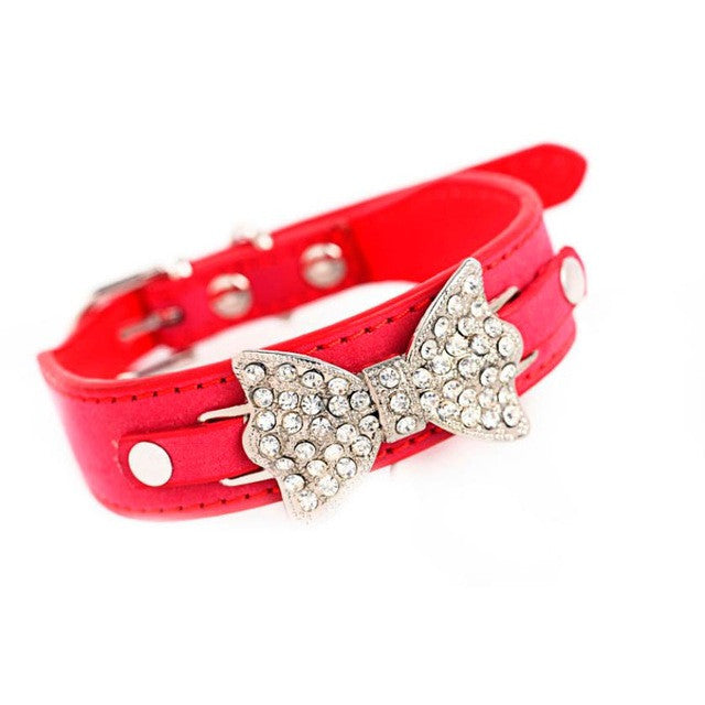 Super Deal Dog Collar Bling Crystal With Leather Bow Necklace Pet Puppy Cat New XT