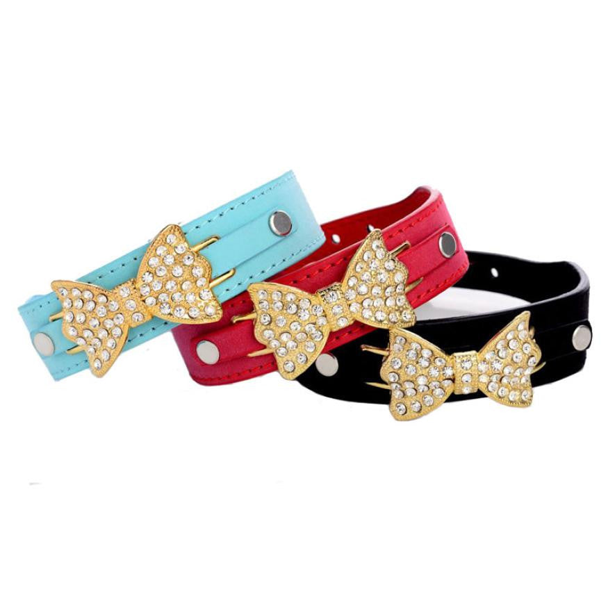 Super Deal Pet Dog Puppy Cat Collar Bling Crystal With Leather Bow Necklace New XT